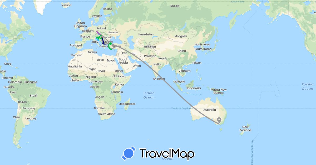 TravelMap itinerary: driving, bus, plane, train, hiking, boat in Austria, Australia, Czech Republic, Greece, Croatia, Hungary, Macedonia, Serbia, Slovenia, Slovakia, Turkey (Asia, Europe, Oceania)